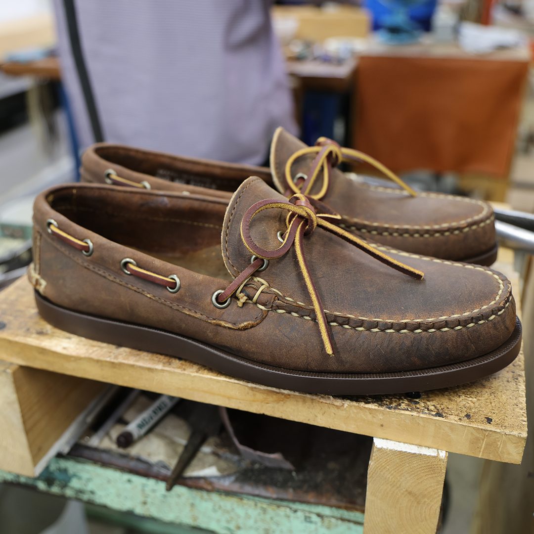 Handsewn mocs on the bench